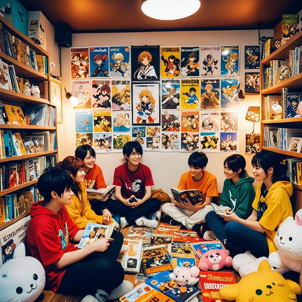 A lively scene featuring a diverse group of anime enthusiasts gathered in a cozy room, surrounded by vibrant posters of popular anime characters. The atmosphere is playful and intimate, with soft lighting and snacks scattered around. Include a wall covered in manga books and plushies, emphasizing the NSFW genre subtly in the background. Characters should be expressing joy and connection, showcasing a sense of community. anime art style. bright colors. soft focus.