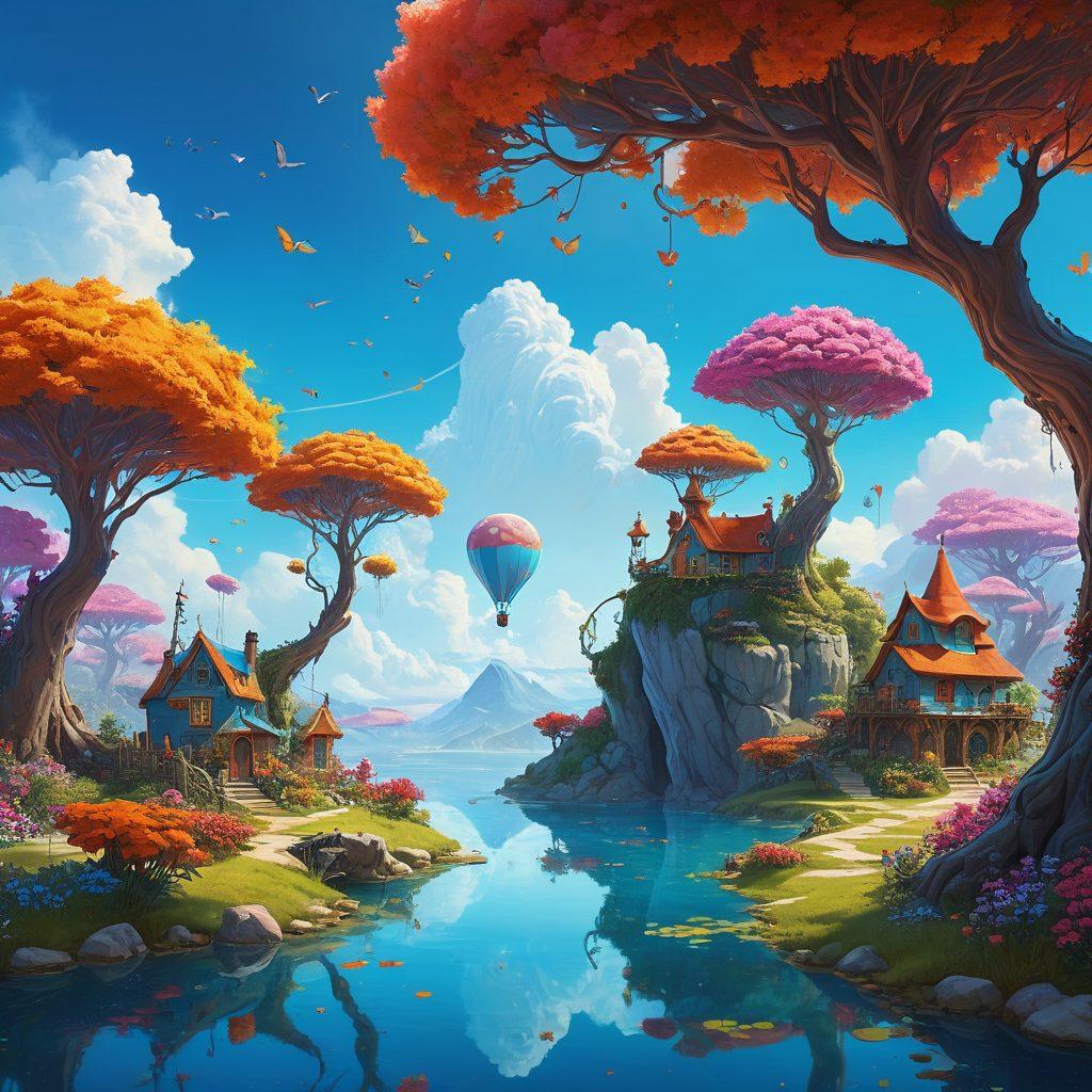 A whimsical, dreamy landscape merging animated fantasies with a playful adult-themed environment, featuring vibrant colors and charming, exaggerated characters engaging in interactive scenarios. Include elements like floating islands, playful creatures, and enchanting light effects that evoke a sense of exploration and fun. Ensure a balance between fantasy and playful adult themes to capture curiosity and imagination. vibrant colors. surreal art.